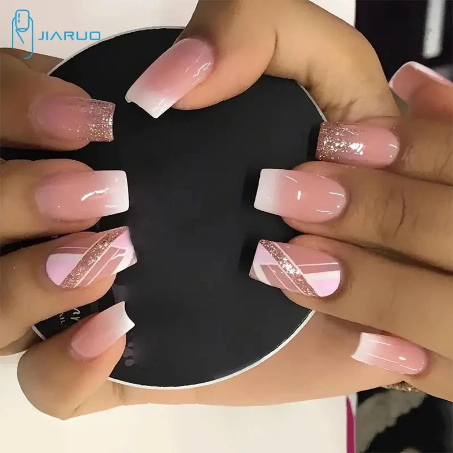 Elegante 24PCS JIARUO lange quadratische Farbverlauf falsche Nagelkunst Französisch Flash Pulver Geometrie Patch, Y2K Press On Nails