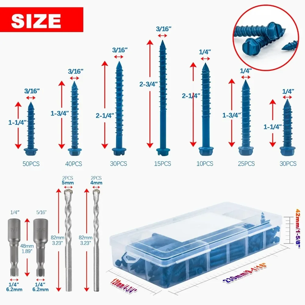 200pcs Hexagonal Washer Slotted Blue Cement Diamond Tail Screws +Sockets +Drill Bits 3/16'' 1/4'' Concrete Screws with Drill Bit