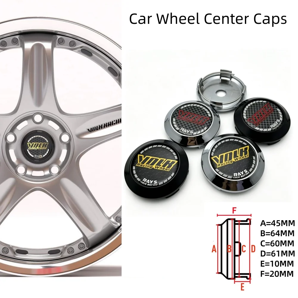 4pcs Car Wheel Center Caps 64mm Clips 60mm Hub Dust Cover Wheel Rim Hubcaps Volk Rays Logo Emblem Badge Replace Car Accessories