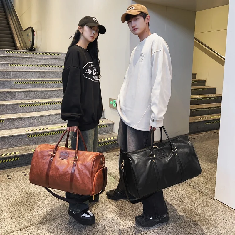 Women's Gym Fitness Bags Man Shoe Pocket PU Leather Vintage Travel Duffle Shoulder Outdoors Sports Large Capacity Bag Handbag