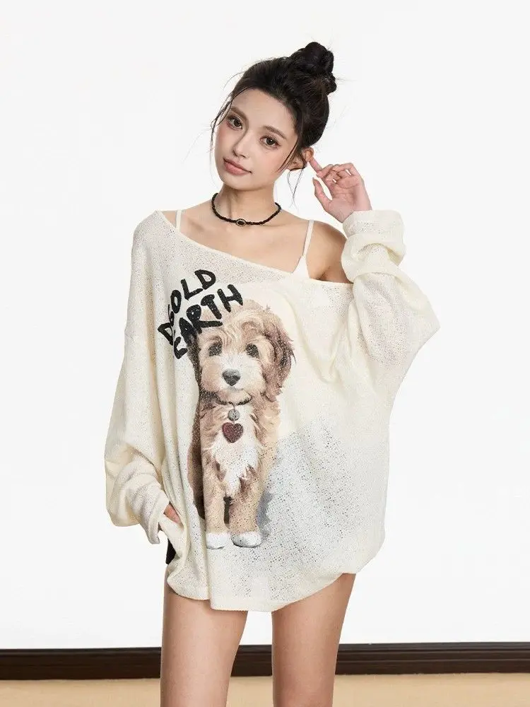 Korean Sweet Spicy Loose Lazy Shoulder Long Sleeve T-shirt Women Summer Sunscreen Cover Versatile Off Shoulder Top