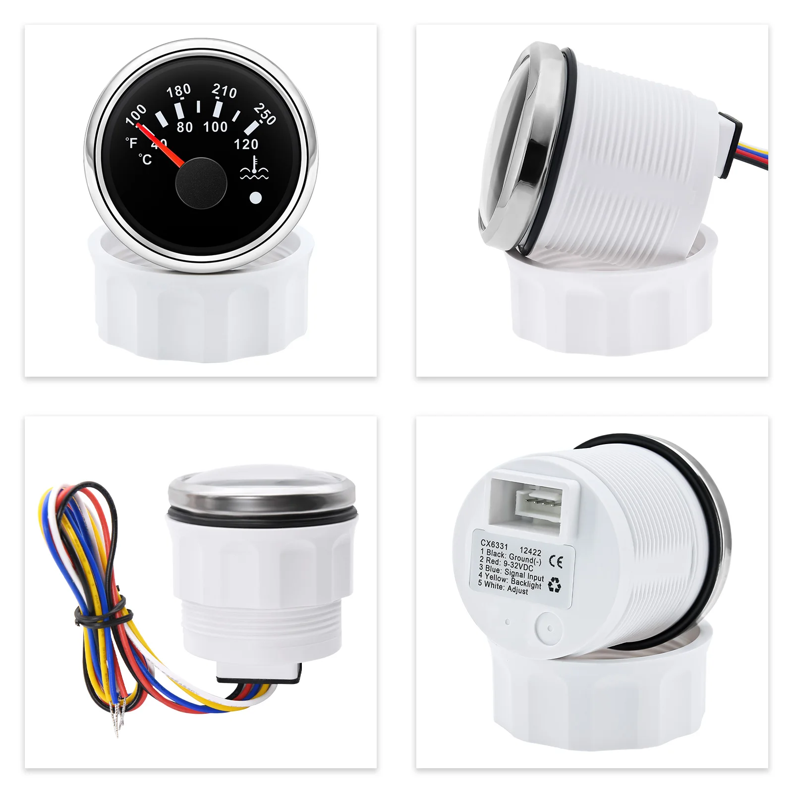 40~120 ℃ ,100~250 ℉   Medidor de temperatura da água com aviso 7 cores luz 52mm medidor de temperatura da água à prova dwaterproof água para carro barco iate 12v24v