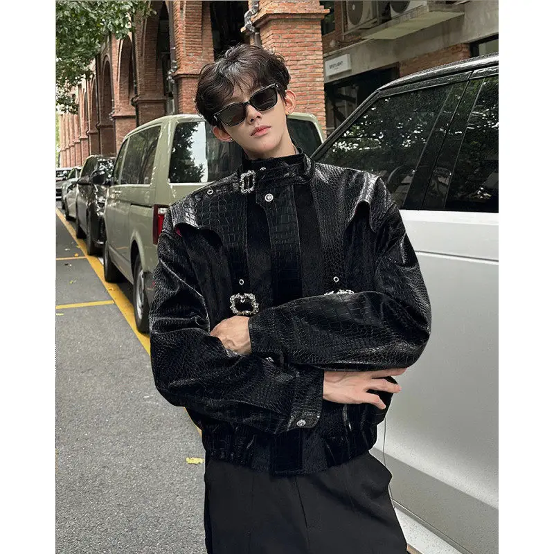 

Faionable Snake Skin Pattern ort Jaet Men's Model Metal Bule Fur Trimmed Leather Coat Youthful Autumn Winter Outerwear