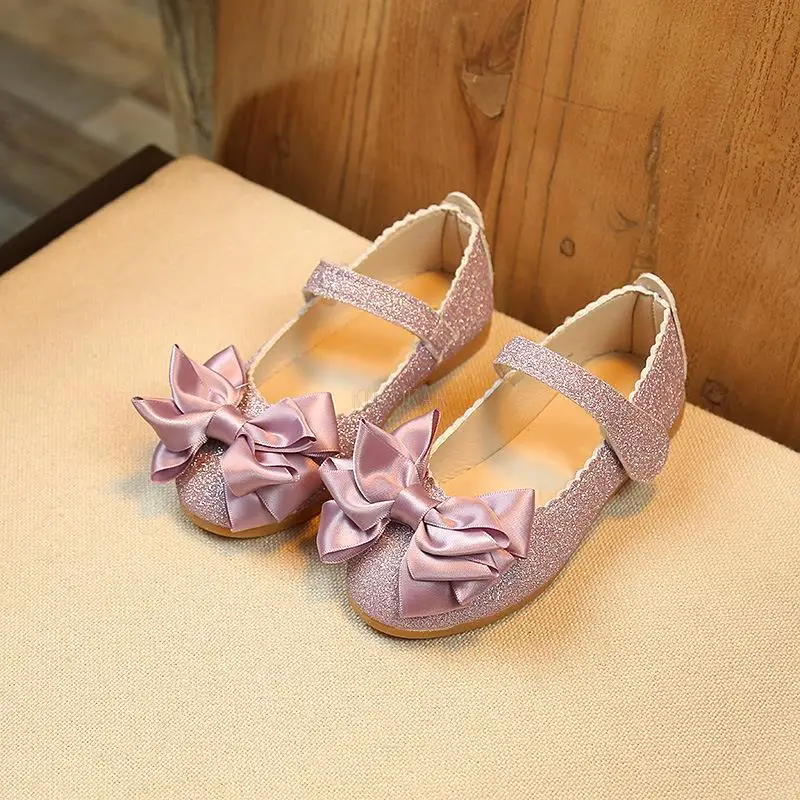 

2022 Spring New Girls Leather Shoes For Kids Fashion Princess Sequins Bowknot Dress Shoes For Girls School Party Wedding Shoes