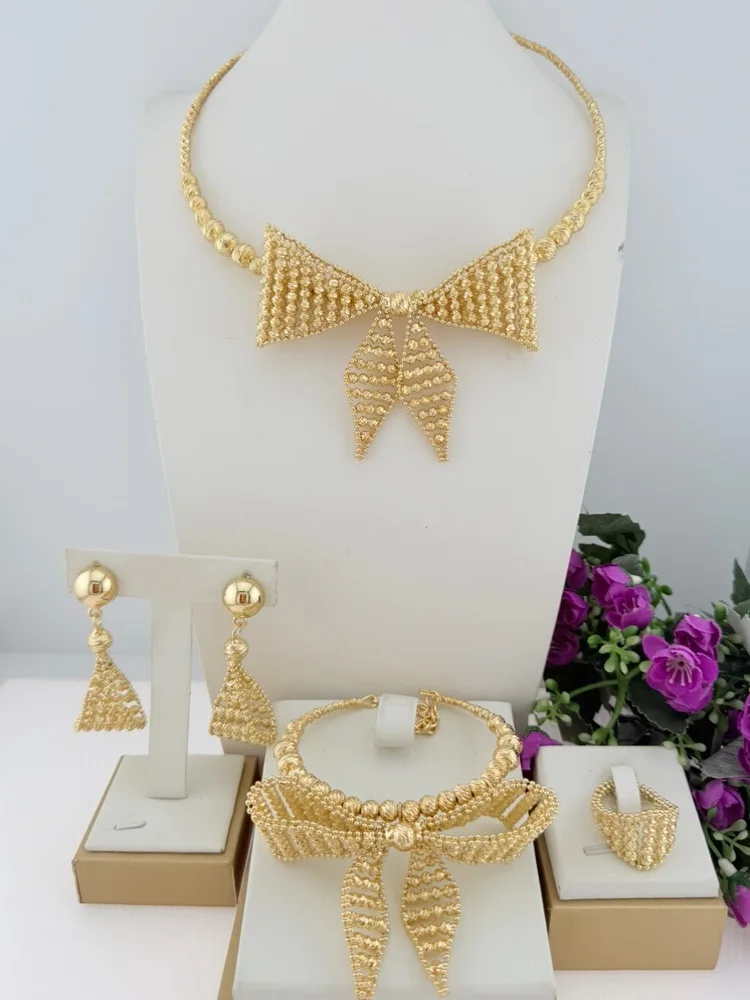 Luxury Full Rhinestone Bow 4Pcs Jewelry Set Sparkly Choker Necklace Drop Earring Bangle Ring Bridal Wedding Banquet Dress Match