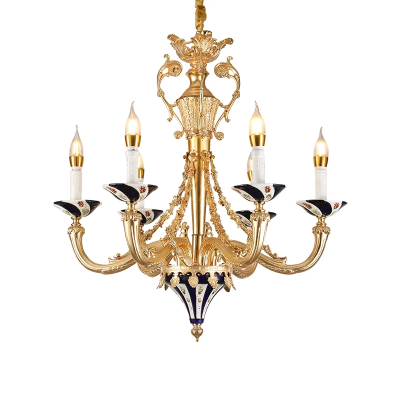 

European Creative Design Dining Room Copper Candle Chandelier Luxury Bedroom Brass Ceramic 6 Arms Pendant Light