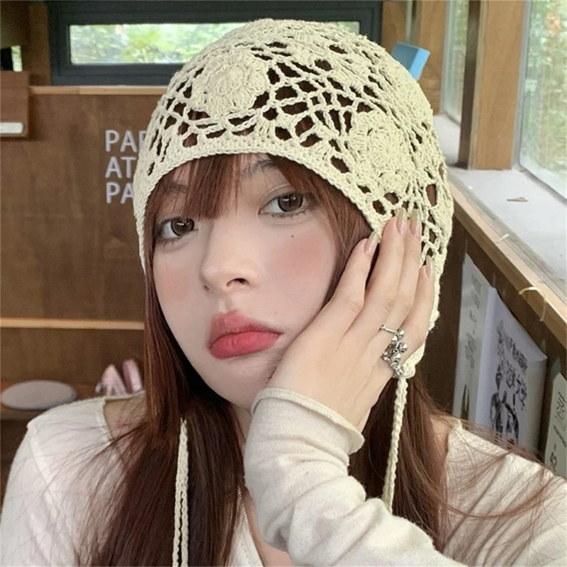 Fashion Beanie Hat for Women Girl Crochets Flower Knitted Hat Ethnic Style Cap Girl Bonnet Y2K Sweet Hat Adult Headdress