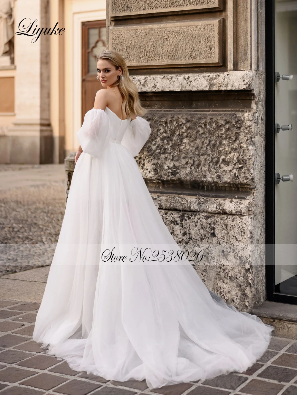 Liyuke Front Split Removable Train 2 In 1 Wedding Dress Off Shoulder Sleeves Inside Short Style Bridal Gowns