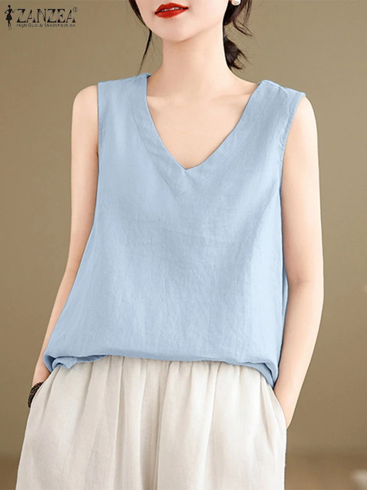 ZANZEA Elegant Women Tanks Tops Summer V Neck Sleeveless OL Work Blouse Fashion Casual Solid Shirt Loose Cotton Blusas Camis