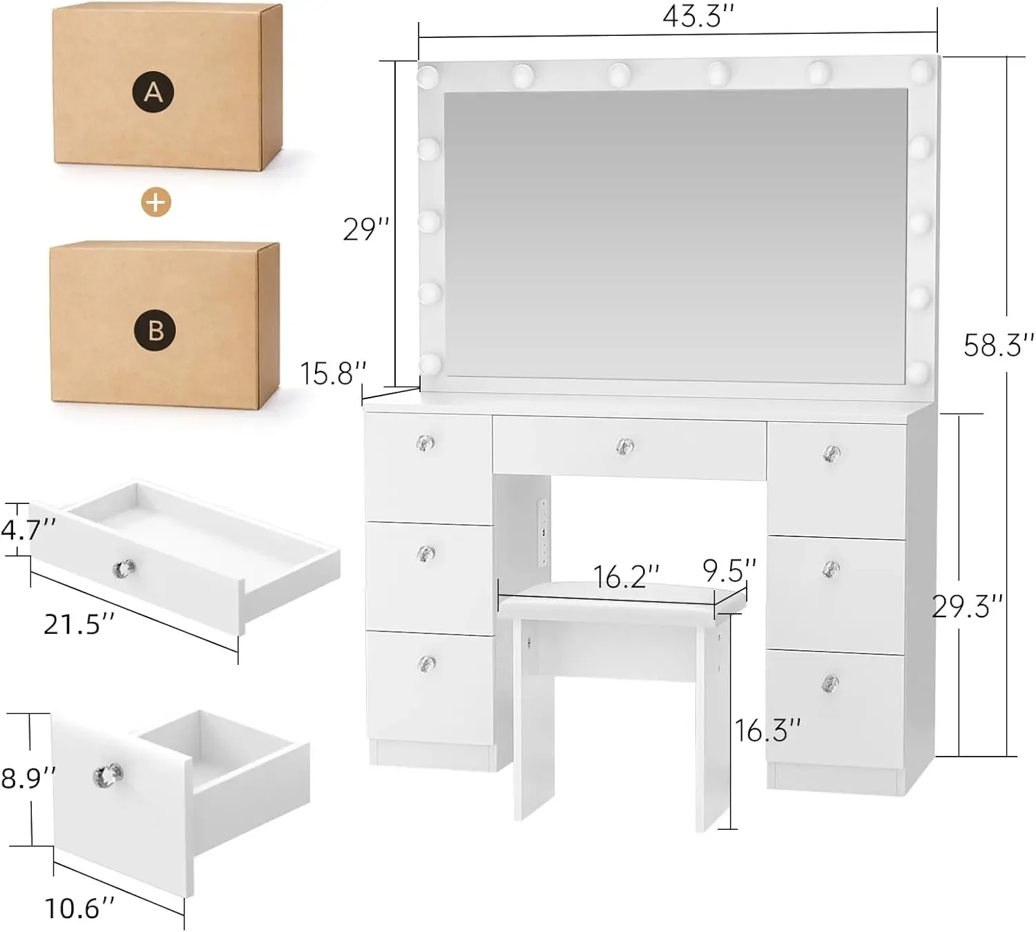 Vaidade Com Espelho Iluminado, Mesa De Maquiagem, Tomada De Energia Ajustável, 7 Gavetas, 3 Cores Modos De Iluminação