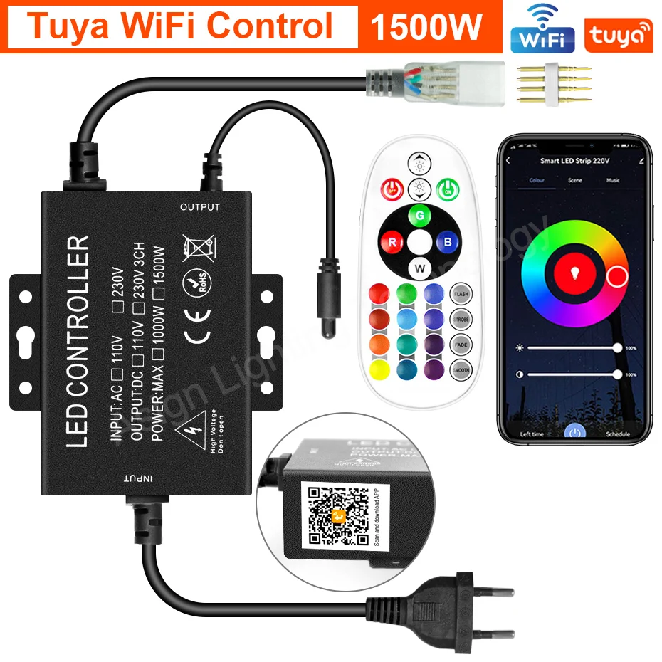 220V LED şerit denetleyici RGB 4 Pin Neon şerit uzaktan Bluetooth Tuya WiFi uygulaması için 5050 RGB şerit renk değiştirilebilir 750W 1500W