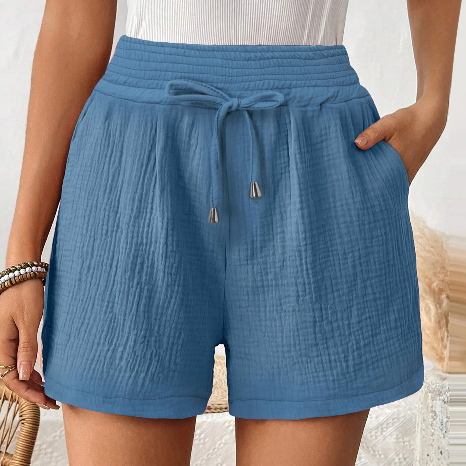 

2024 New Fashion Elastic High Waist Shorts Summer Casual Elegant Drawstring Pants Pockets Loose Straight Women Sports Shorts