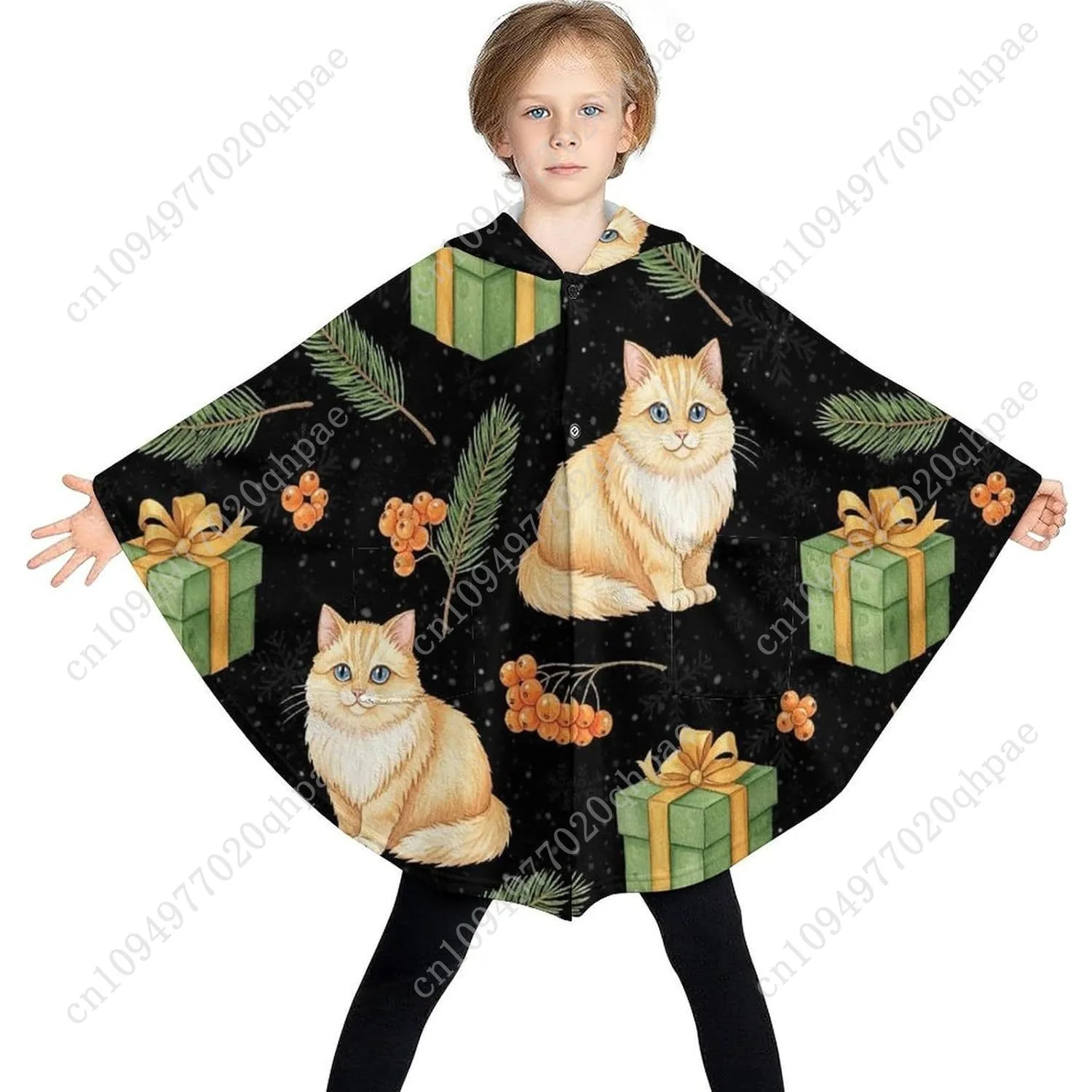 سترة بطانية مريحة من الفلانيل، فروع التوت القطط، رقاقات الثلج، هوديي كبير الحجم مع جيوب للأطفال والمراهقين #3