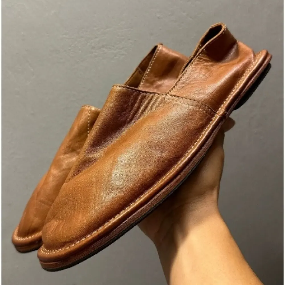 Caramel Brown Vintage Leather Slip-On Loafers, with Foldable Heel and Non-Slip Sole, Stylish and Comfortable