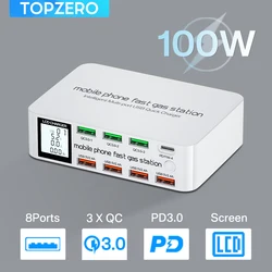 100W 8 Ports USB Charger Station Quick Charge 3.0 Portable Type C PD Fast Charger Adapter HUB For iPhone 13 12 11 Xiaomi Samsung