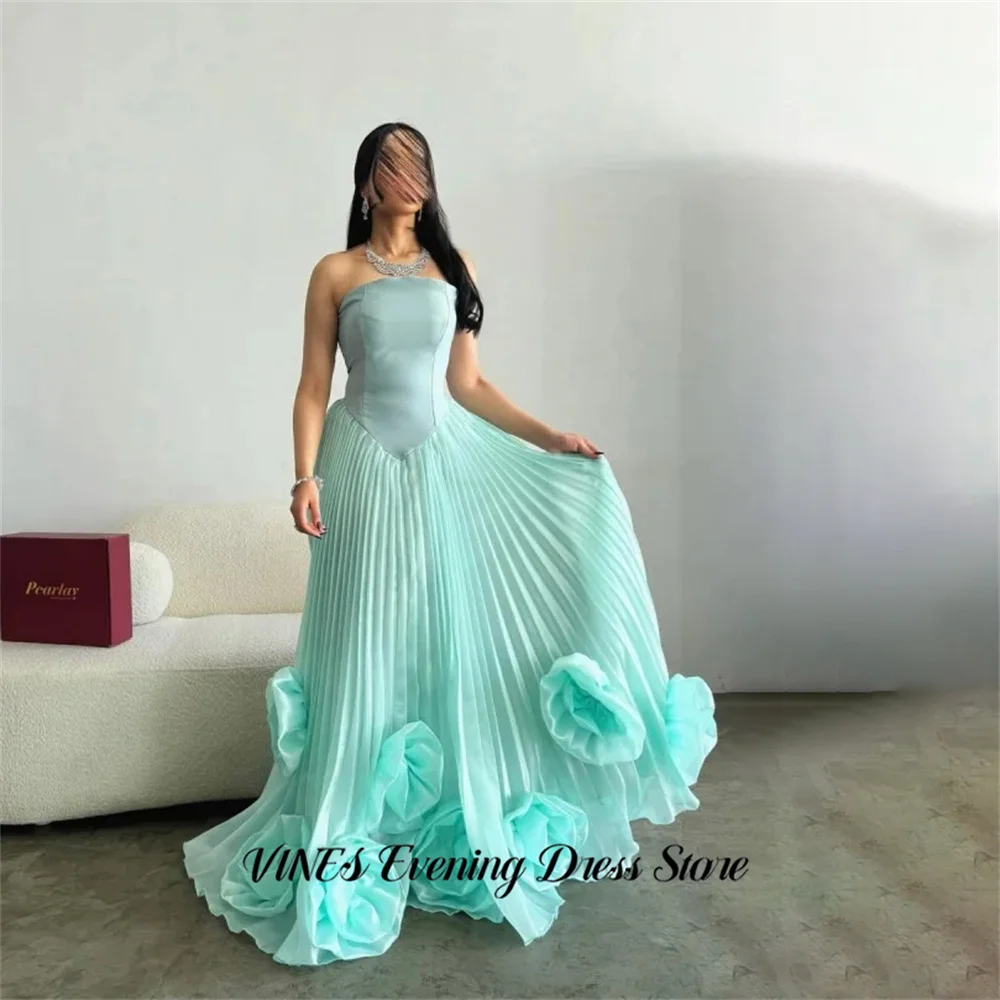 

VINES Mint Strapless Formal Gown Pleated Prom Dresses with 3D Floral Rose Hem Evening Dress Floor Length Modern Style Customized
