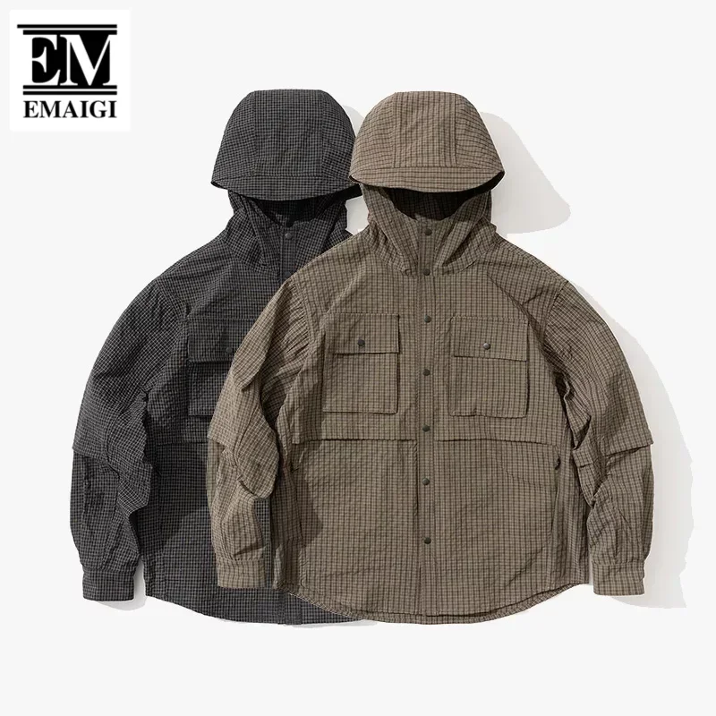 Men Cityboy Japanese Streetwear Outdoor Fashion Plaid Loose Casual Long Sleeve Hooded Cargo Shirts Man Oversized Shirt Coat