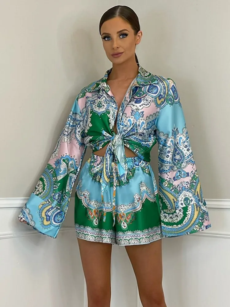 2 Pieces Sexy Summer Autumn Fashion Women Set Female Tops Floral Print Long Sleeve Shirt And Elastic Waist Shorts Suits