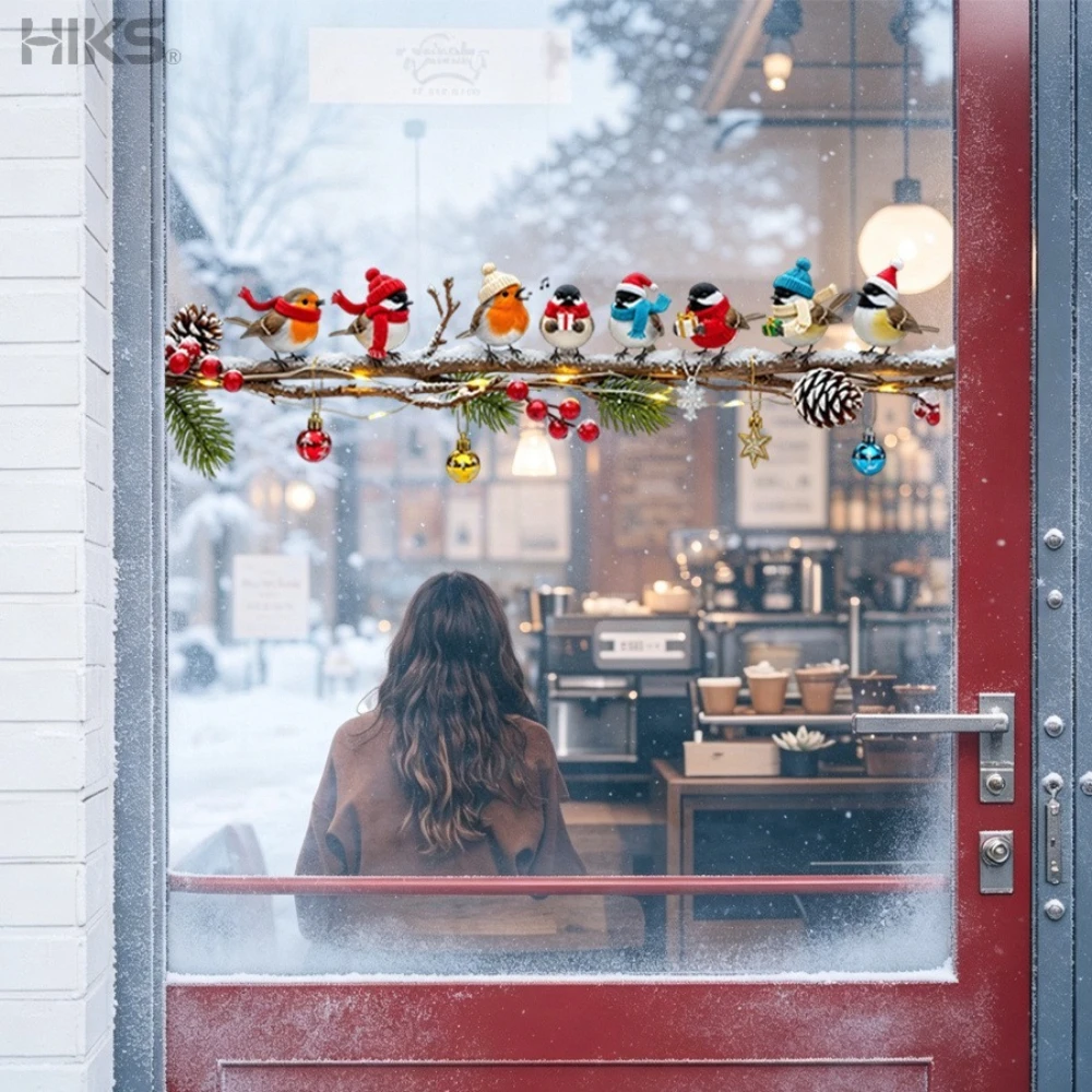 1 Stück Fensteraufkleber Weihnachten Niedliche Vögel auf Zweig mit Ornamenten Winter Schnee Wasserdichte Aufkleber für Fensterglas Selbstklebend – Detail 4