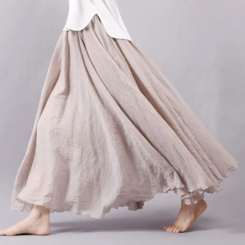 Women's Elegant High Waist Linen Maxi Skirt Summer Ladies Casual Elastic Waist 2 Layers Skirts saia feminina P2