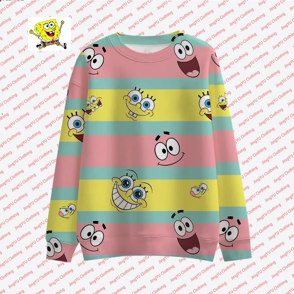 2023 Autumn New Harajuku Street Fashion Casual Tops Round Neck Pullover Children\'s Cute Spongebob Animation Printed Pullover