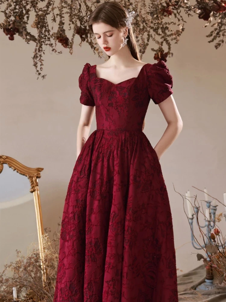 Customized Wine Red Satin Half Sleeve Evening Dresses For Wedding Party Elegant Square A-Line Floor-Length Bride Reception Gowns