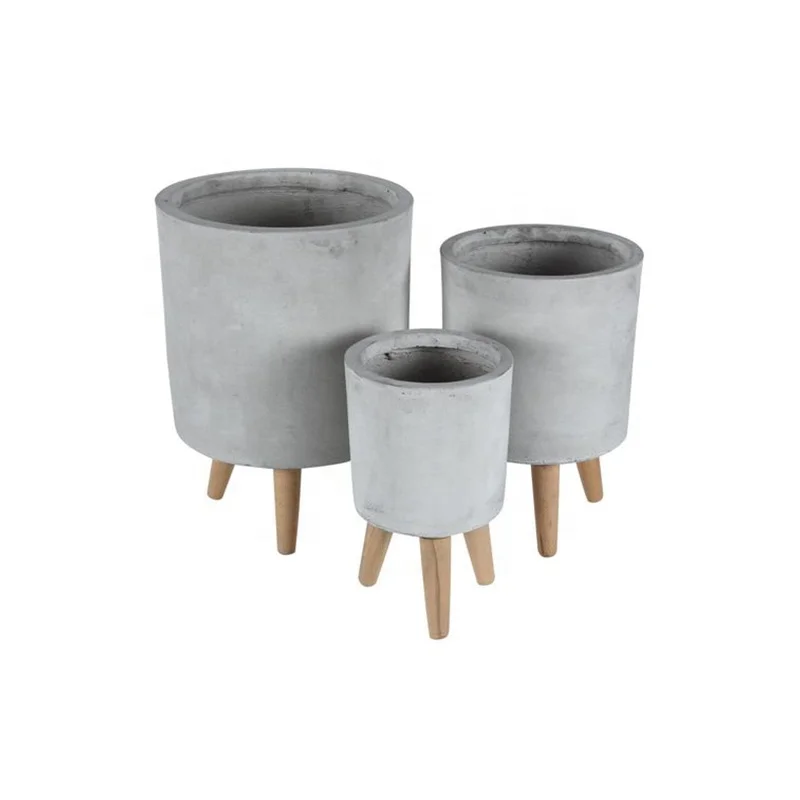 Contemporary fiber clay planter with wooden legs Indoor and outdoor fiber pot planter bracket