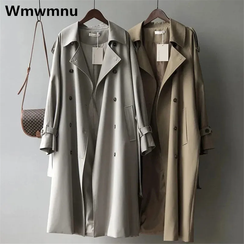 Elegant Fall Spring Long Trench Jackets Office Belt Gabardina Coats Korean Womens Windbreaker Oversize Overcoat Classic Casacos