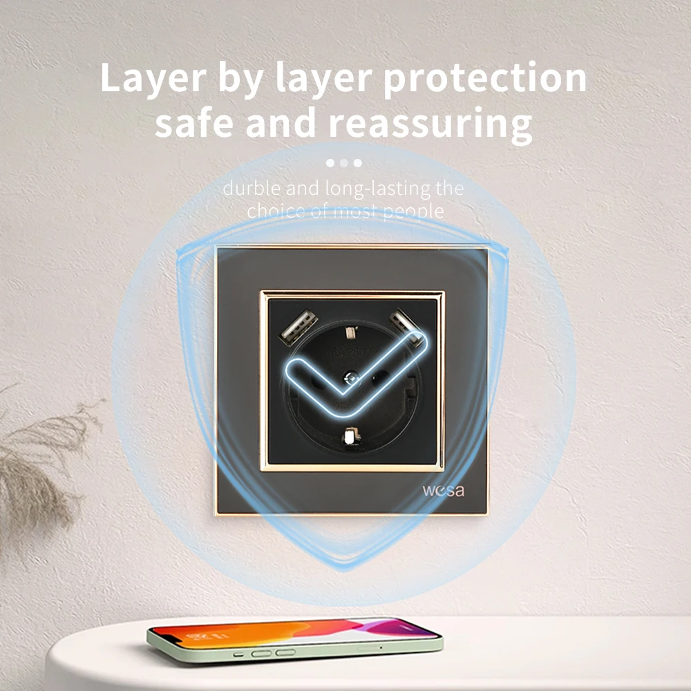 جدار أسود مدمج مثبطات اللهب مع لوحة أكريليك أرضية 250 فولت منافذ كهربائية قياسية للاتحاد الأوروبي مآخذ طاقة USB كلاسيكية 250 فولت #5