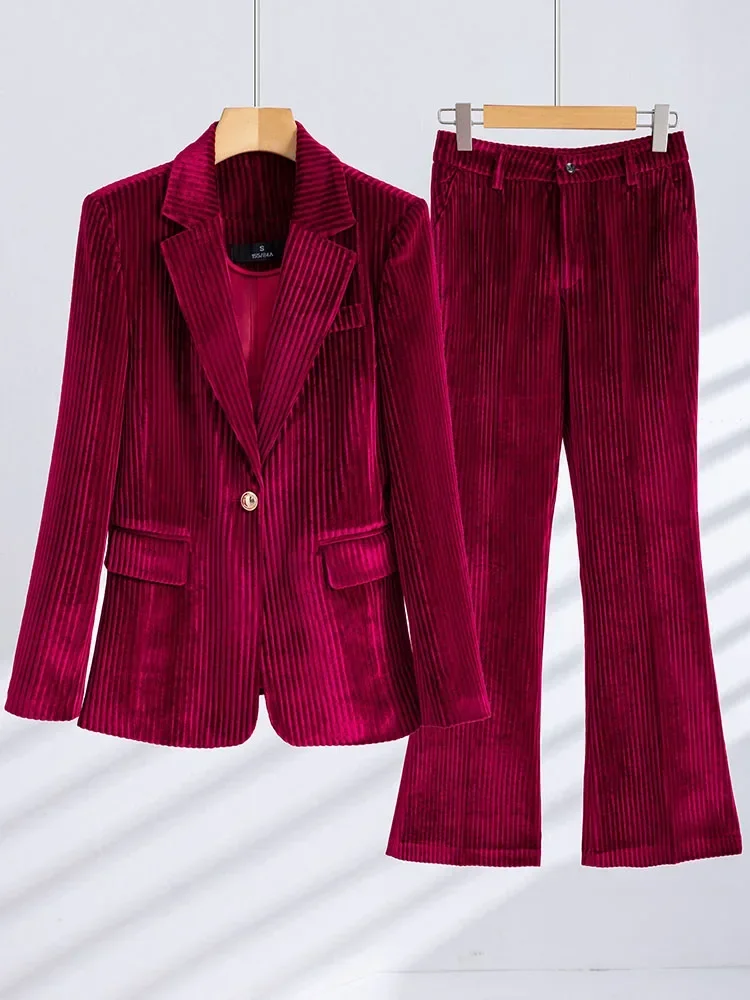 Autumn Winter Women Office Ladies Pant Suit Formal Female Business Work Wear 2 Piece Set Red Black Blue Green Blazer And Trouser