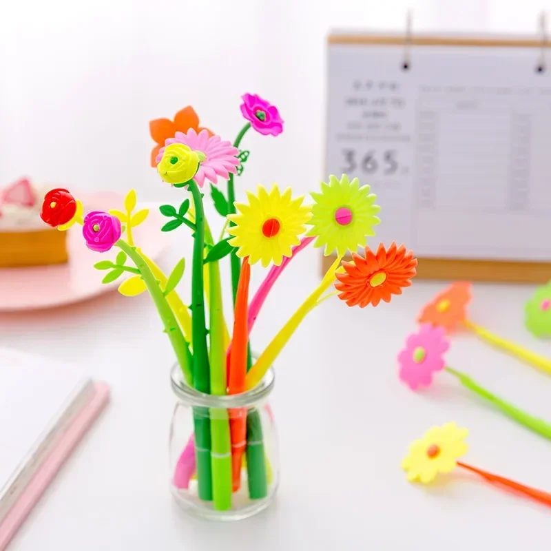 50PCS Cute Silicone Fun Flowers And Fragrant Black Signature Pen Kawaii School Supplies Stationery Gel Pens