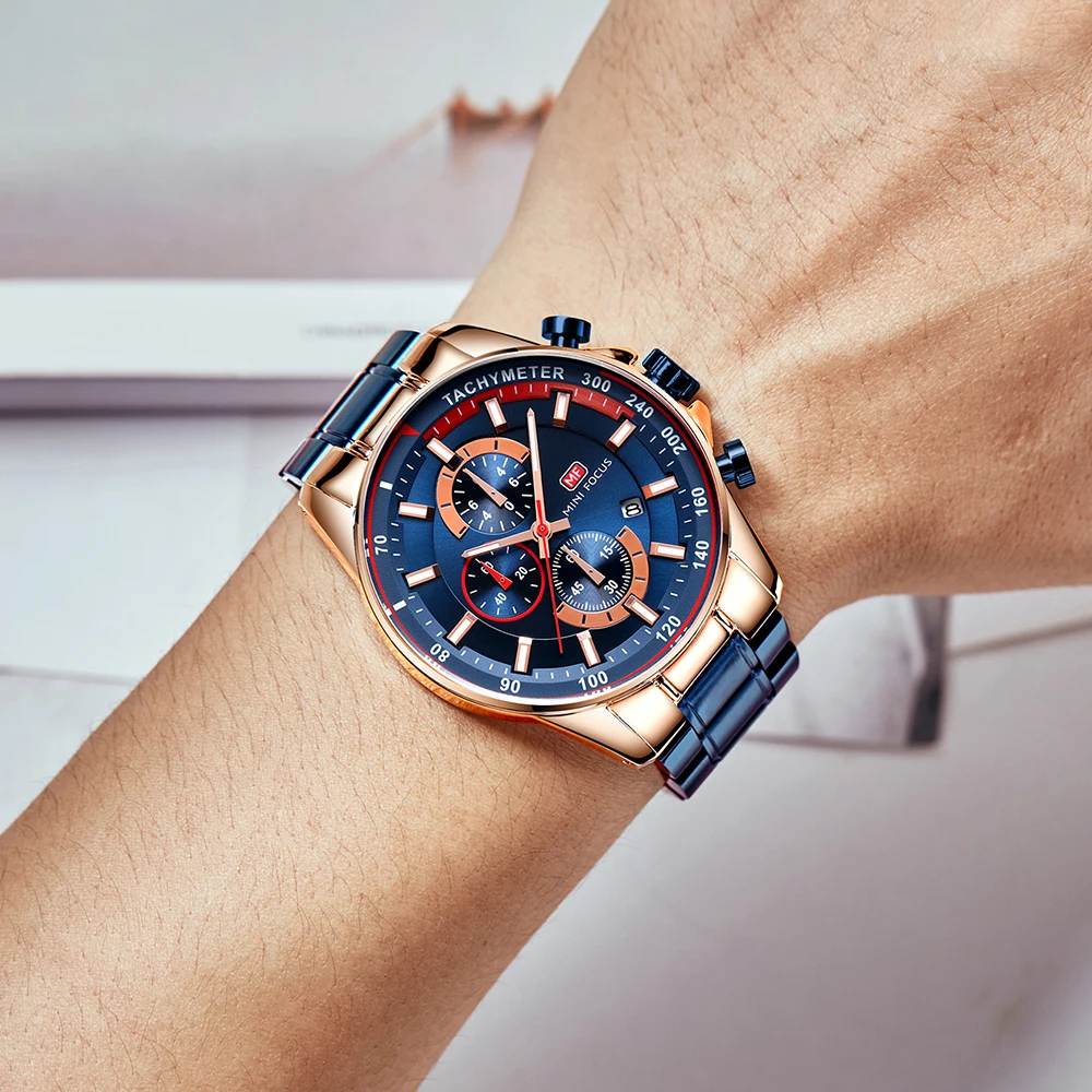 MINI FOCUS Chronograph Men Watch Business Stainless Steel Strap Auto Date Waterproof Quartz Wrist Watches Reloj Hombre 0218G
