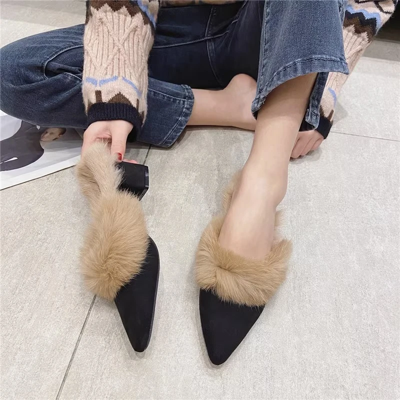 LazySealern Square Heel Warm Real Rabbit Hair Slippers Winter Pointed Toe Luxury Fur Square Heel Lady Mujer Indoor Slides