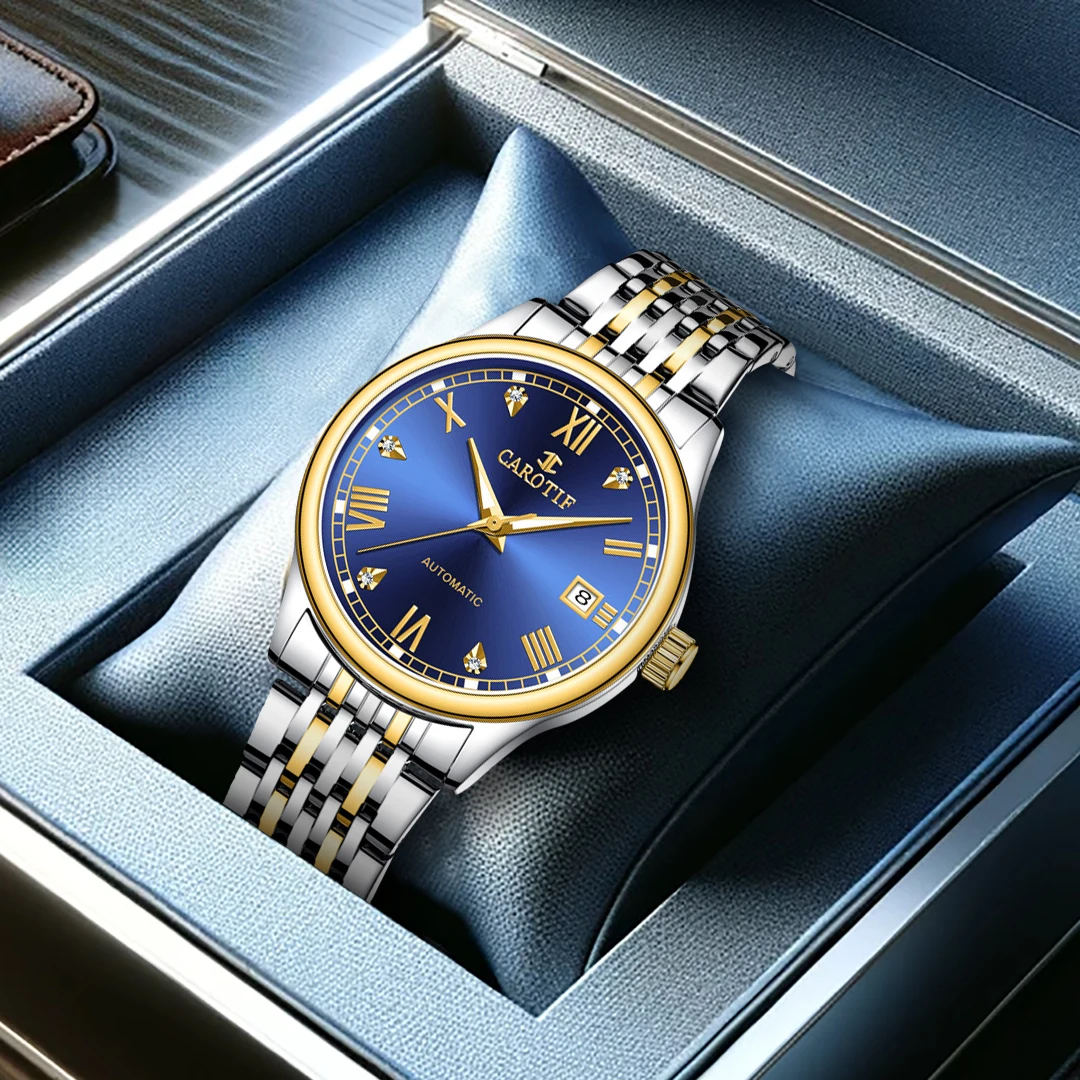 

New men's watch room with gold blue steel strip, business style, atmospheric and elegant night light calendar, mechanical watch