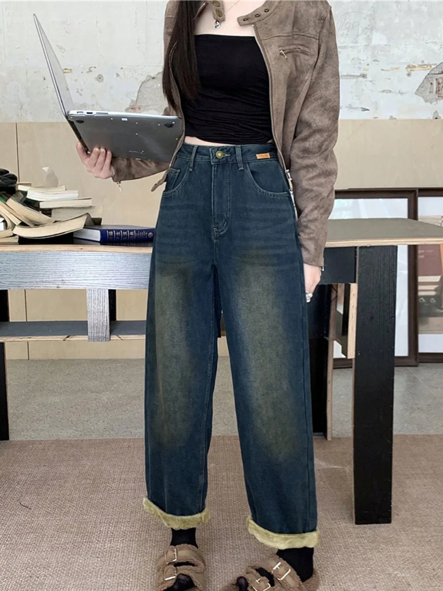 

Korean Style Chic Fleece Lined Straight Leg Jeans Women's Fashion Breadstick Pants Slim Fit High Waist Autumn Winter New Arrival