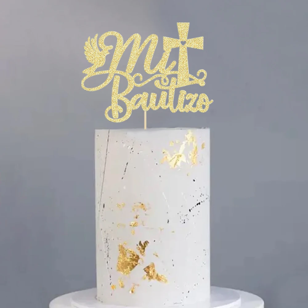 5 Stück Goldene Kreuz-Kommunion-Glitzer-Kuchendekoration für Babyparty Geburtstagstorten-Dekoration Taufe Feiern – Detail 6