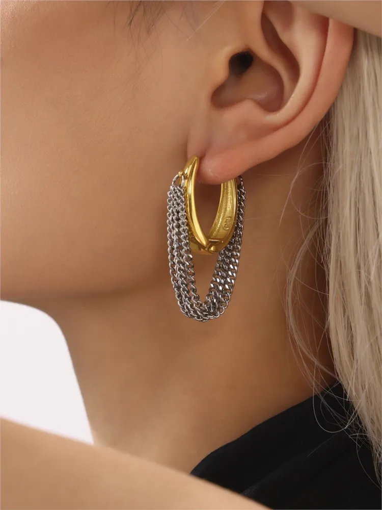 Stainless Steel Hoop Earrings For Women 18k Gold Plated With Multi Silver Color Chain Tassel Women\'s Buckle Hoops Female Earring