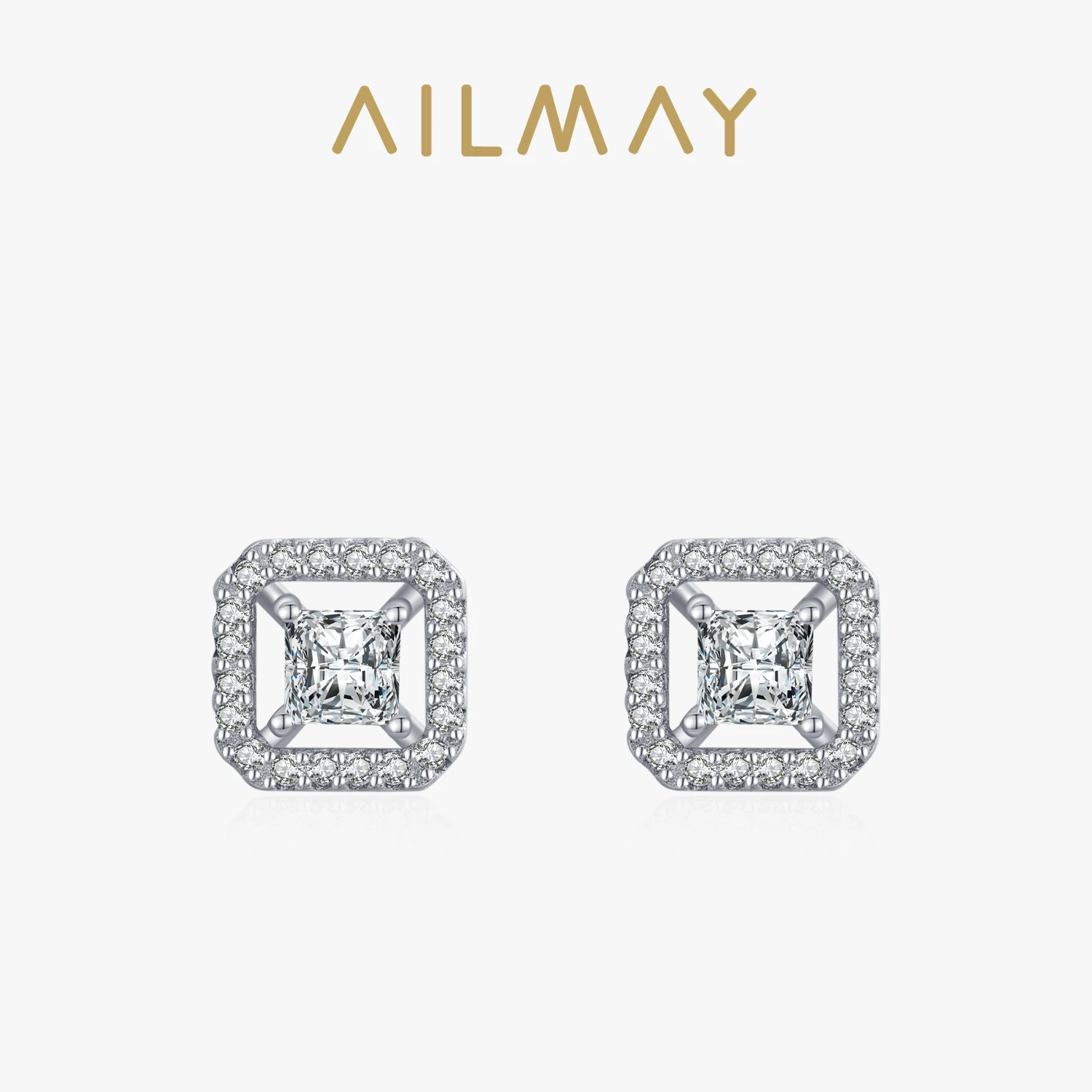 Ailmay Superior Quality 925 Sterling Silver Luxury Square Dazzling CZ Stud Earrings For Women Wedding Engagement Jewelry Gift