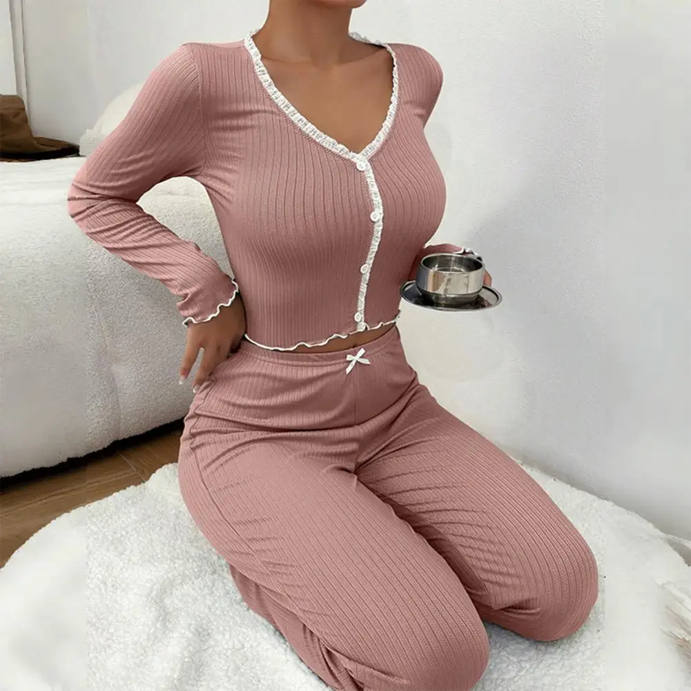 

Feel Pajamas Elegant Lace Trim Pajama Sets for Women Ribbed Knit Crop Top Wide Leg Pants Lounge Set Long Sleeve Nightwear