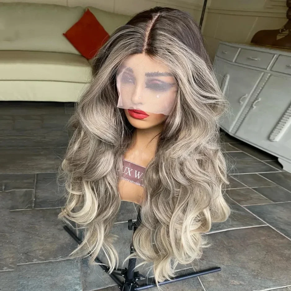 الجذر الداكن الاصطناعية الدانتيل شعر مستعار أمامي الرماد شعر مستعار مزيج البني خطوط الجسم موجة شعر مستعار طبيعي متموج شعري شقراء شعر مستعار ناعم
