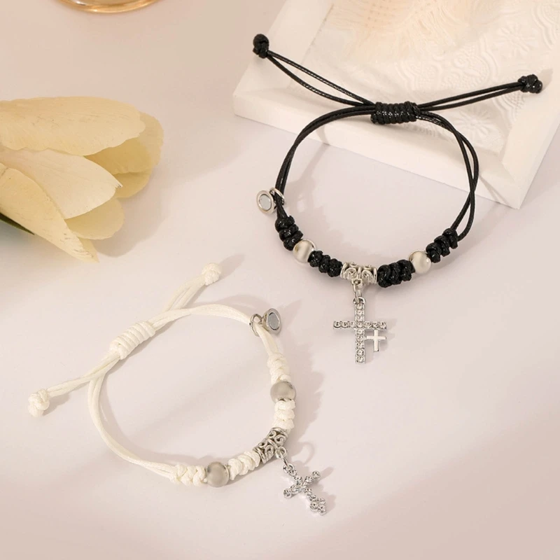 2pcs Crystal Cross Couple Bracelets Magnetic Matching Bangle Fashionable Braided Rope Wrist Chain for Women Men Jewelry image 2