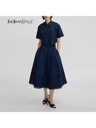 TWOTWINSTYLE Solid Two Piece Sets For Women Lapel Short Sleeve Tops High Waist A Line Skirt Slimming Sets Female Fashion Style