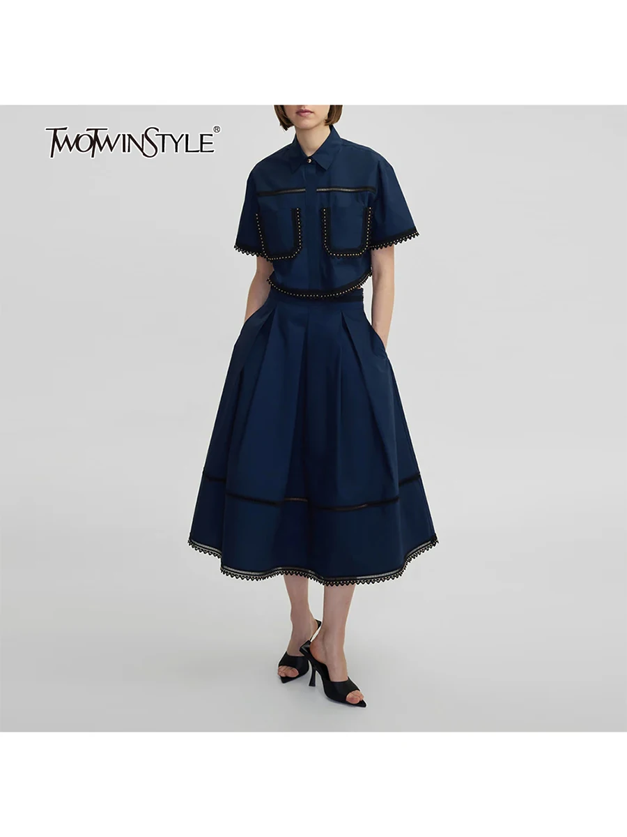 TWOTWINSTYLE Solid Two Piece Sets For Women Lapel Short Sleeve Tops High Waist A Line Skirt Slimming Sets Female Fashion Style