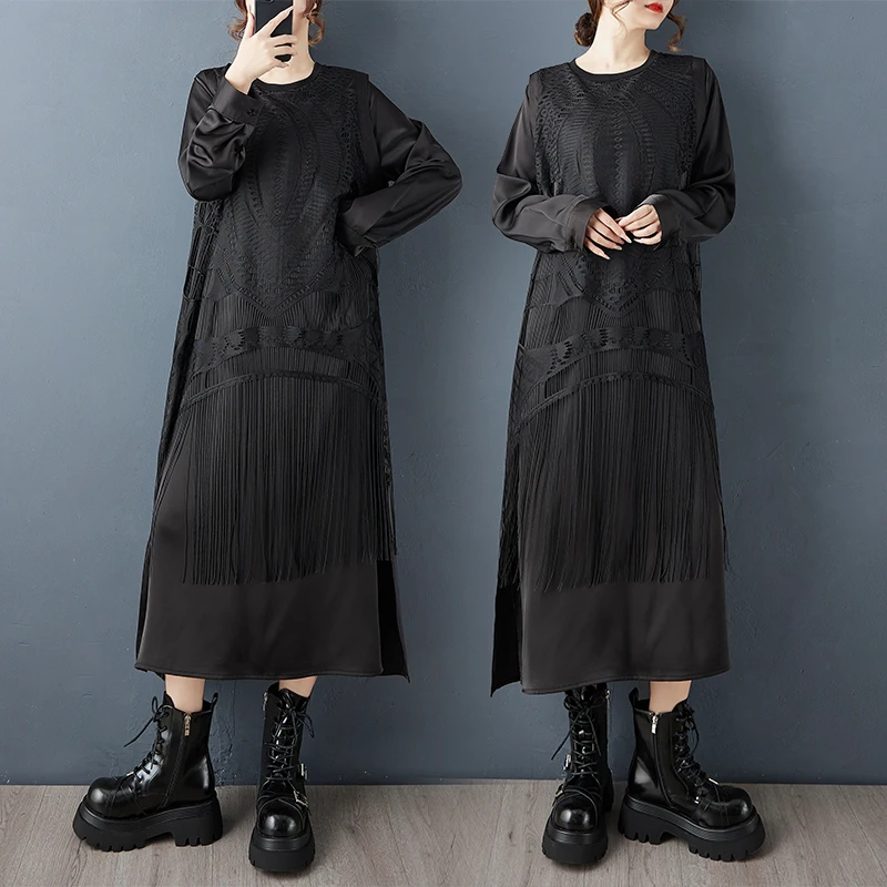 

Платье миди Ele трапециевидной формы с кружевом и вырезом, отделка кисточками, модный осенне-весенний свободный дизайн k, тяжелый ...