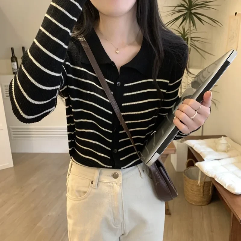 

Женский поло с длинным рукавом в полоску, трикотаж, летний новый кардиган на пуговицах, топы Y2k, облегающий корейский сладкий консервативный Blusa