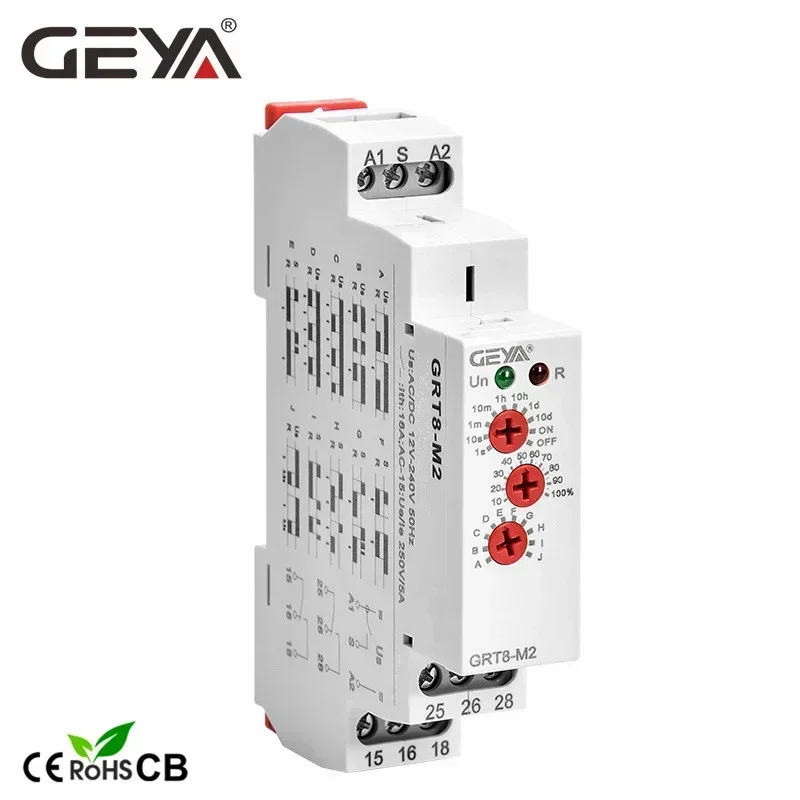 GEYA-relé Temporizador multifunción GRT8-M, 16A, 10 opciones de función, CA, CC, 12V, 24V, 220V, 230V