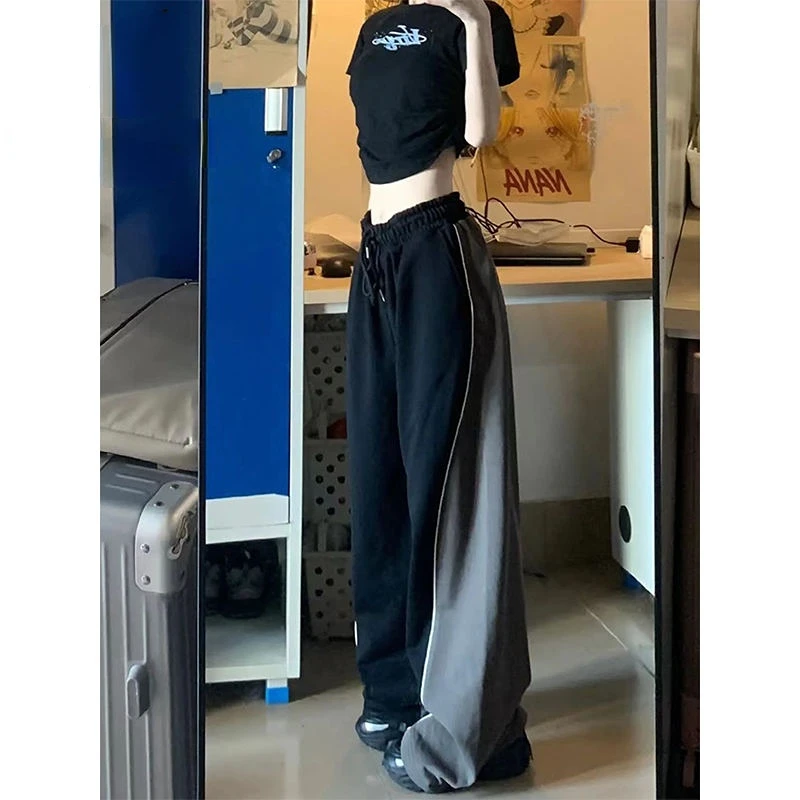 

MATTA American vintage black and gray stitching national tide autumn and winter suede high waist wide leg drape sweatpants women