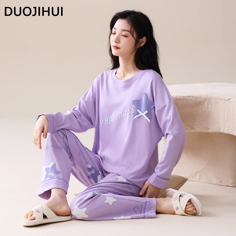 DUOJIHUI Purple Chicly Printing Fashion Pajamas for Women Classic Solid Color Autumn New Loose Simple Casual Female Pajamas Set