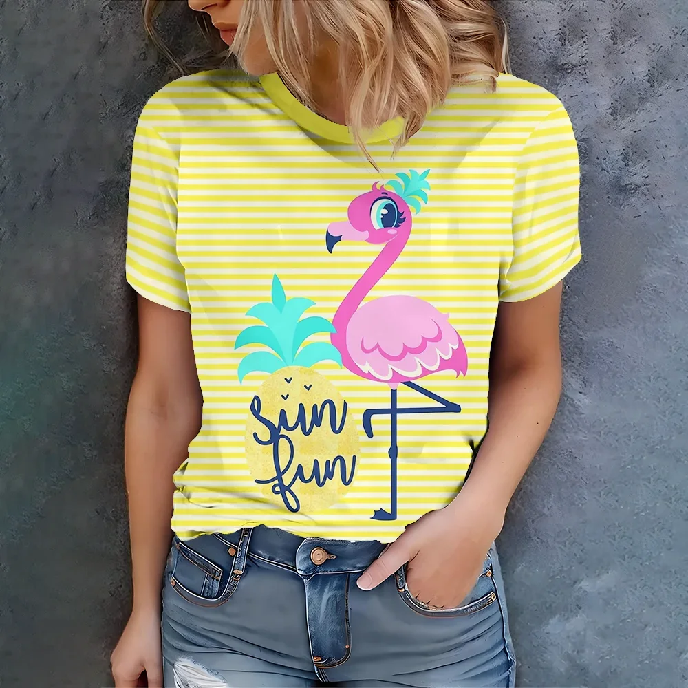 

Повседневная летняя стильная футболка с круглым вырезом и короткими рукавами для повседневной носки Женская желтая полосатая футболка с забавным принтом фламинго и солнца
