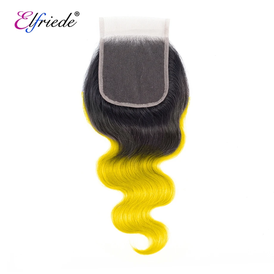 Elfriede Ombre 1B/Yellow Body Wave Hair Bundles with Closure Colored 100% Remy Human Hair Weaves 3 Bundles with Lace Closure 4x4